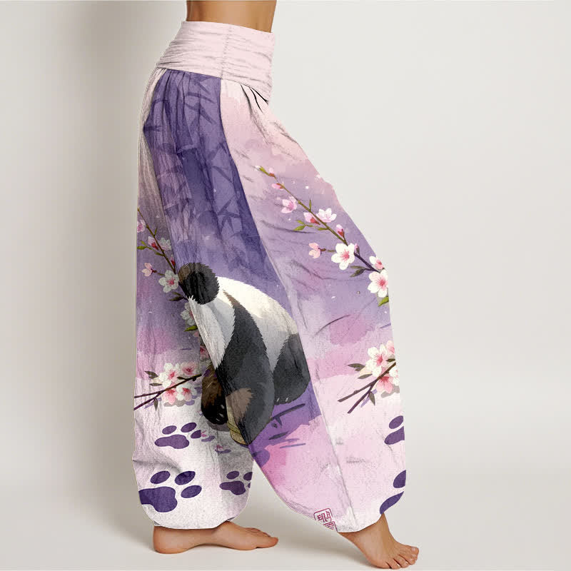 Nimara Ritual Pure Cotton Panda Bamboo Blossom Pattern Women's Elastic Waist Harem Pants
