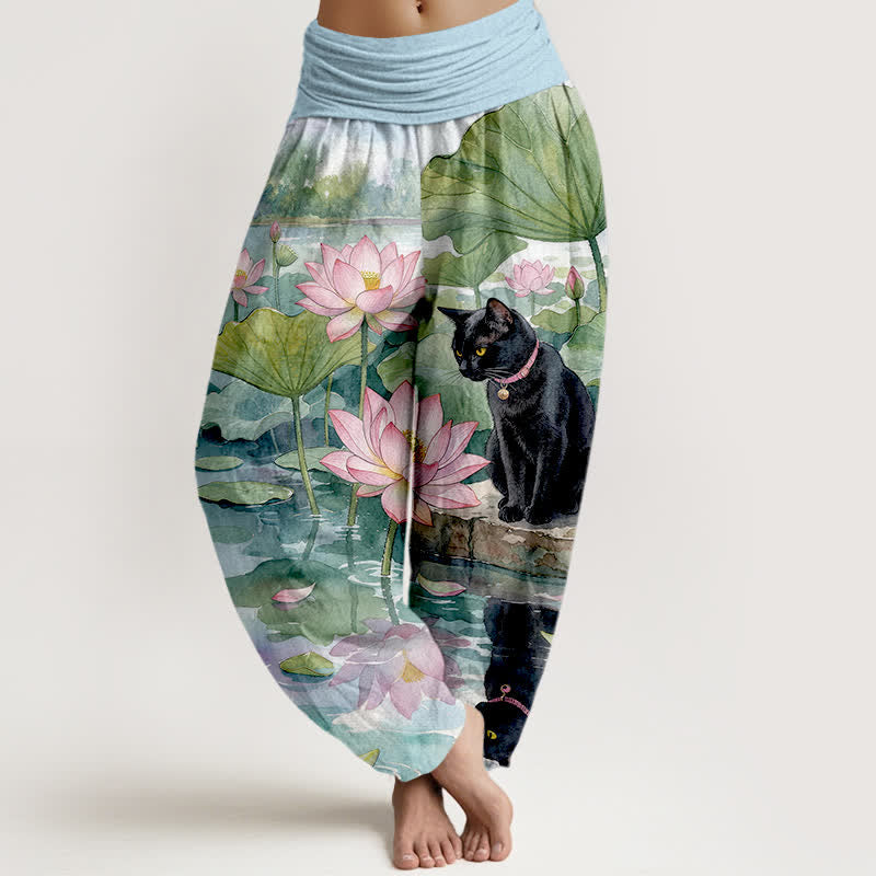Nimara Ritual Pure Cotton Lotus Black Cat Pattern Women's Elastic Waist Harem Pants