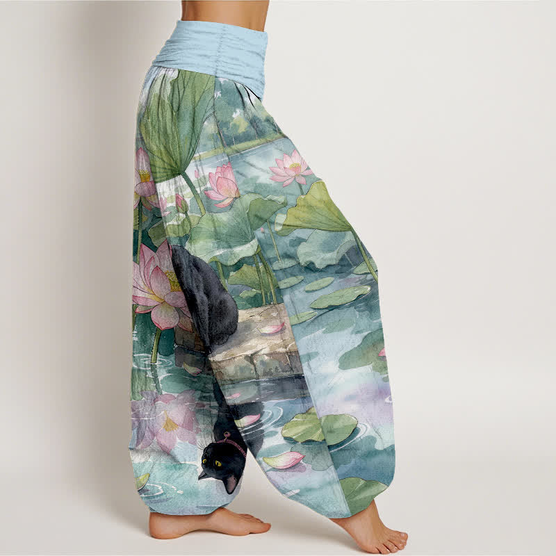 Nimara Ritual Pure Cotton Lotus Black Cat Pattern Women's Elastic Waist Harem Pants