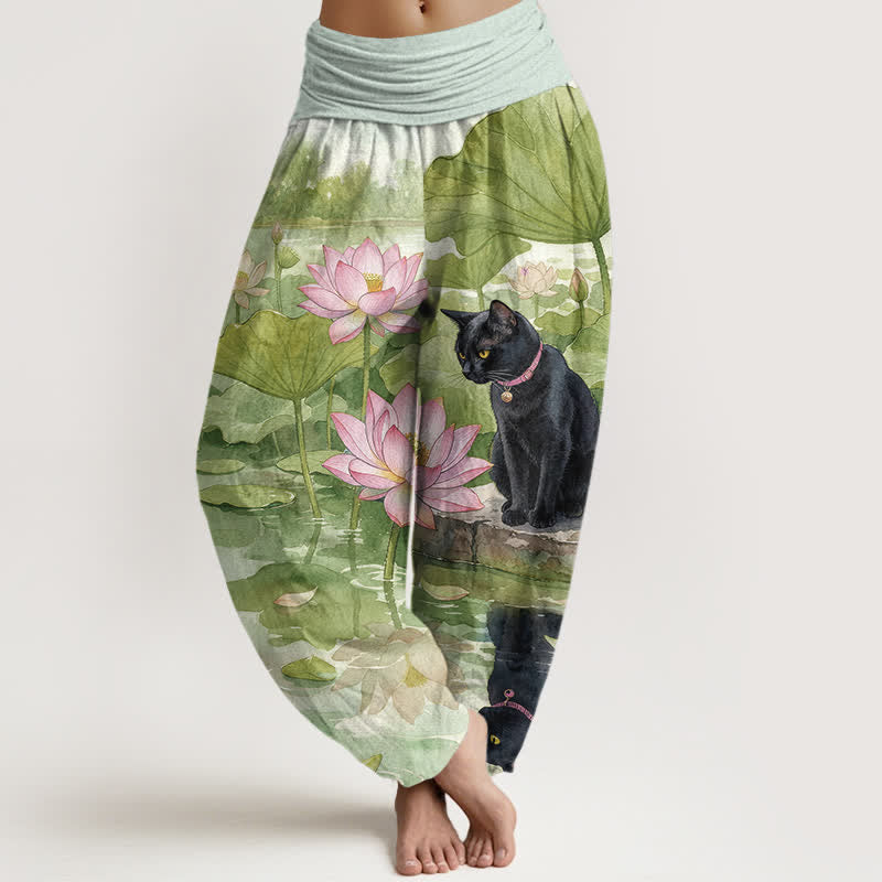 Nimara Ritual Pure Cotton Lotus Black Cat Pattern Women's Elastic Waist Harem Pants