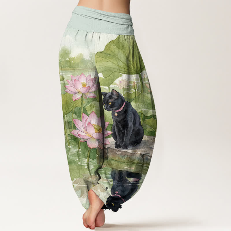 Nimara Ritual Pure Cotton Lotus Black Cat Pattern Women's Elastic Waist Harem Pants