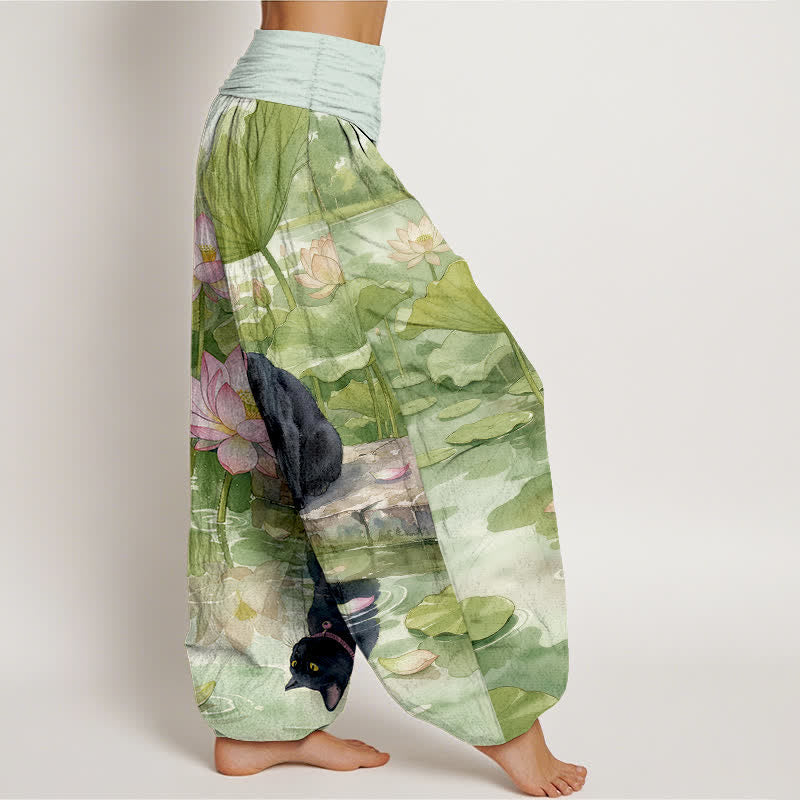 Nimara Ritual Pure Cotton Lotus Black Cat Pattern Women's Elastic Waist Harem Pants