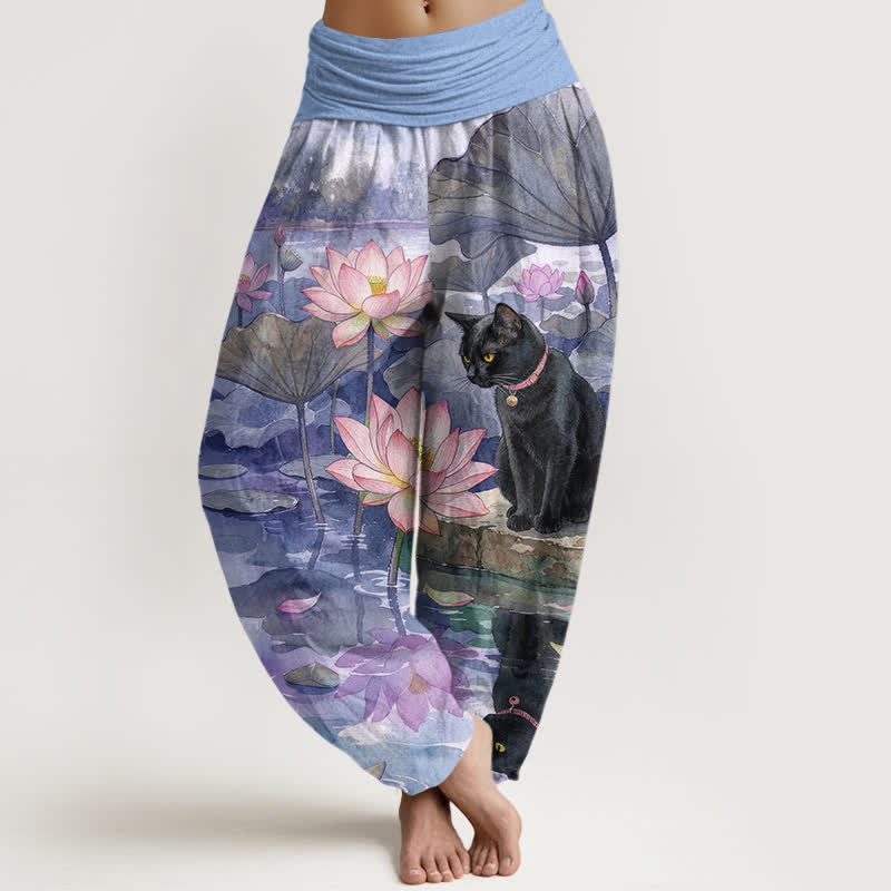 Nimara Ritual Pure Cotton Lotus Black Cat Pattern Women's Elastic Waist Harem Pants