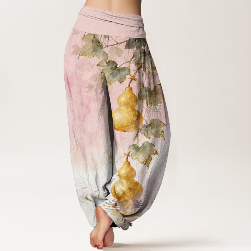 Nimara Ritual Cotton Golden Gourd Leaf Pattern Women's Elastic Waist Harem Pants
