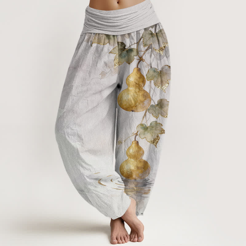 Nimara Ritual Cotton Golden Gourd Leaf Pattern Women's Elastic Waist Harem Pants