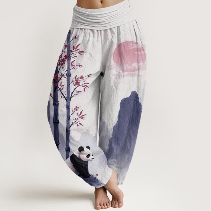 Nimara Ritual Cotton Ink Bamboo Panda Pattern Women's Elastic Waist Harem Pants