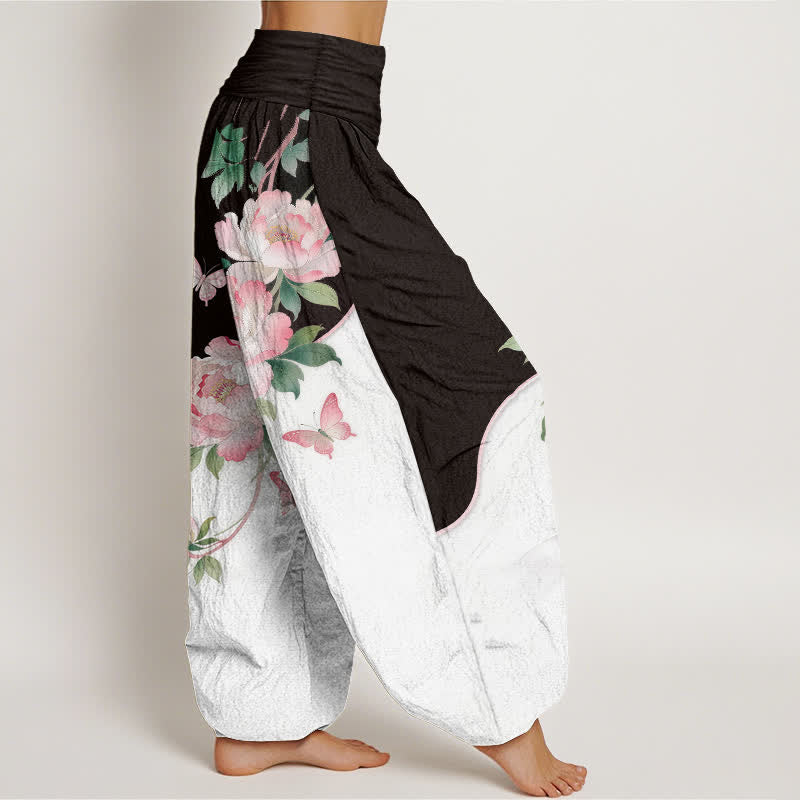 Nimara Ritual Pure Cotton Floral Butterfly Pattern Women's Elastic Waist Harem Pants