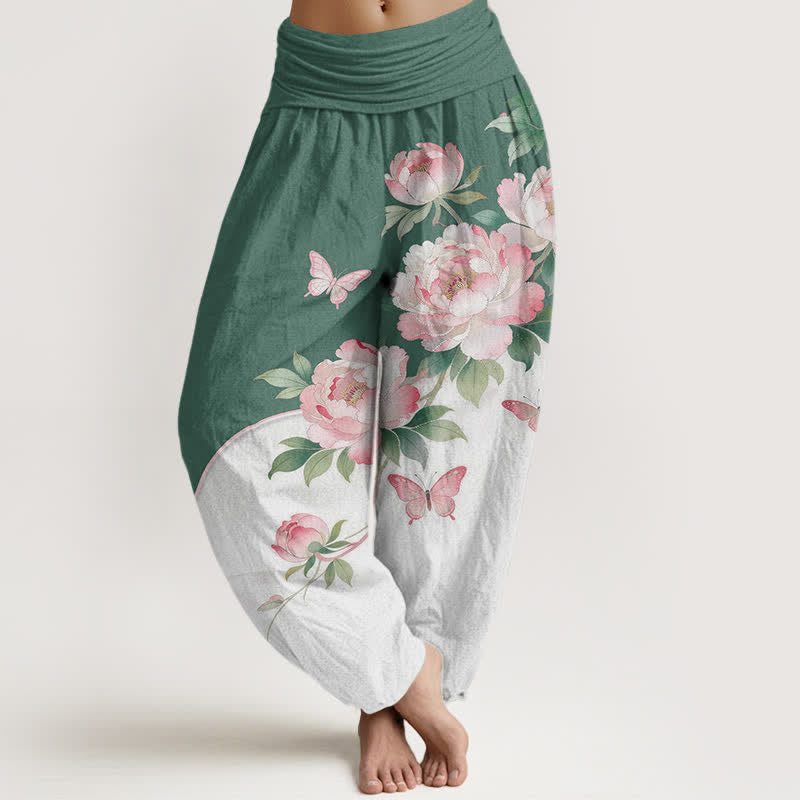 Nimara Ritual Pure Cotton Floral Butterfly Pattern Women's Elastic Waist Harem Pants