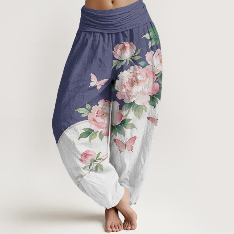 Nimara Ritual Pure Cotton Floral Butterfly Pattern Women's Elastic Waist Harem Pants