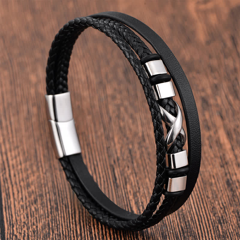 Nimara Ritual Black Leather Titanium Steel Braided Strength Mens Bracelet
