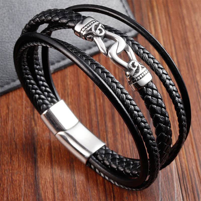 Nimara Ritual Black Leather Braided Titanium Steel Durability Double Wrap Bracelet