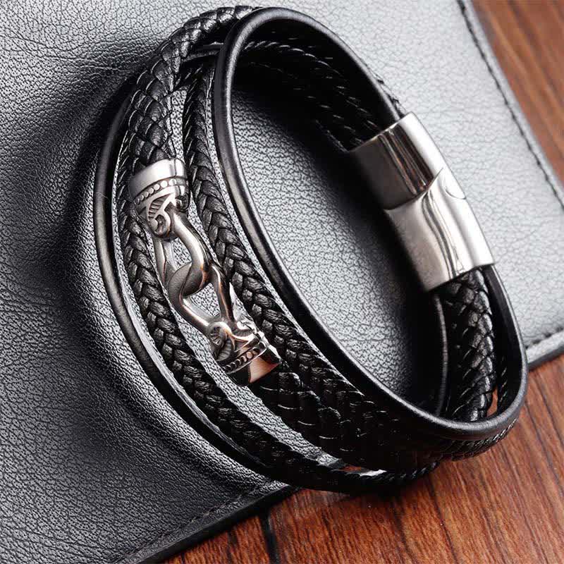 Nimara Ritual Black Leather Braided Titanium Steel Durability Double Wrap Bracelet