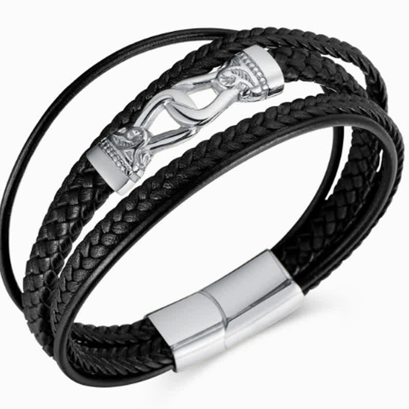 Nimara Ritual Black Leather Braided Titanium Steel Durability Double Wrap Bracelet
