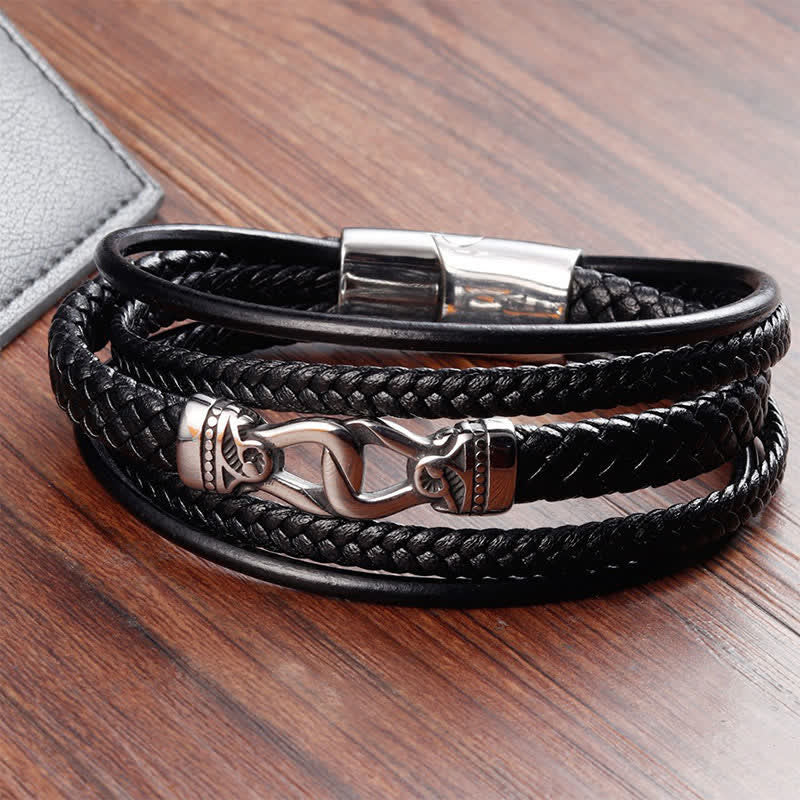 Nimara Ritual Black Leather Braided Titanium Steel Durability Double Wrap Bracelet