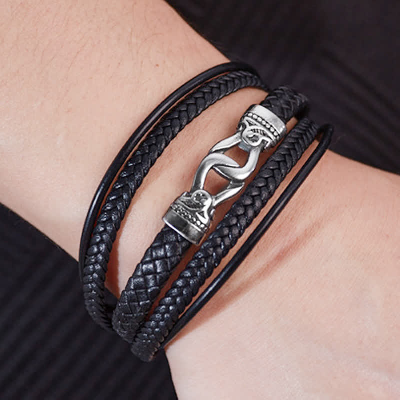 Nimara Ritual Black Leather Braided Titanium Steel Durability Double Wrap Bracelet