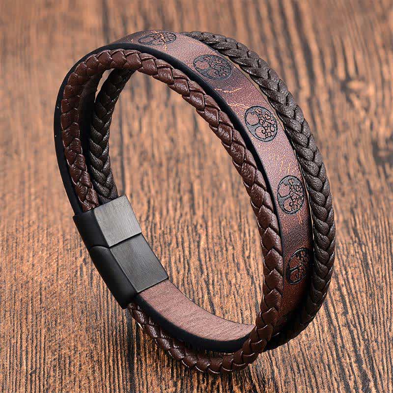 Nimara Ritual Braided Leather Titanium Steel Tree Of Life Connection Wrap Bracelet