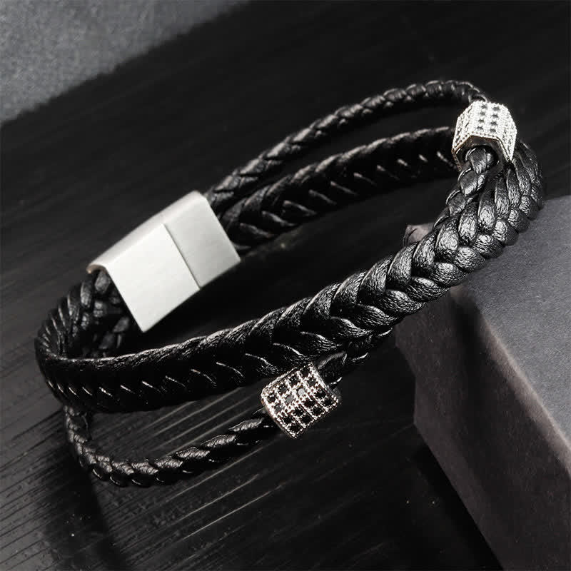 Nimara Ritual Black Leather Hand-Woven Braided Titanium Steel Strength Multi-Wrap Bracelet