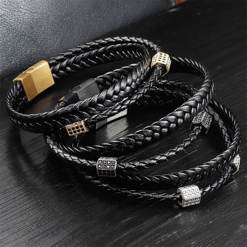 Nimara Ritual Black Leather Hand-Woven Braided Titanium Steel Strength Multi-Wrap Bracelet
