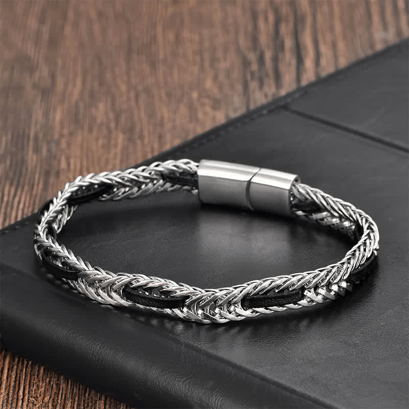 Nimara Ritual Black Leather Braided Titanium Steel Double Layer Durability Bracelet