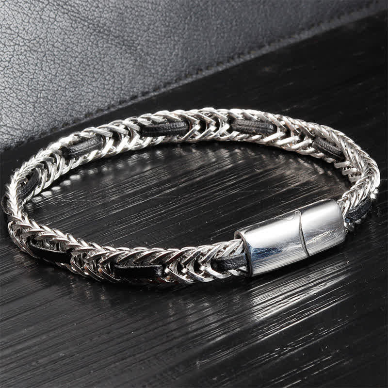 Nimara Ritual Black Leather Braided Titanium Steel Double Layer Durability Bracelet