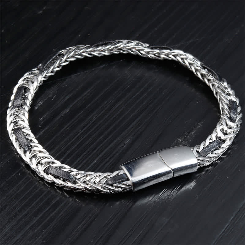 Nimara Ritual Black Leather Braided Titanium Steel Double Layer Durability Bracelet