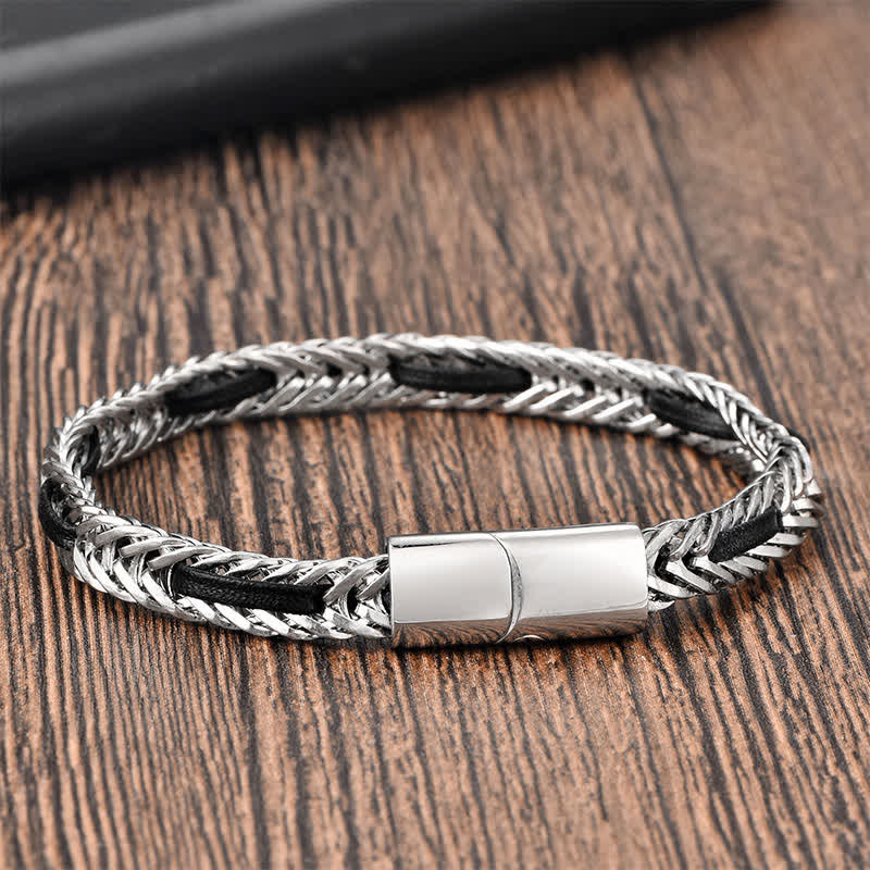 Nimara Ritual Black Leather Braided Titanium Steel Double Layer Durability Bracelet