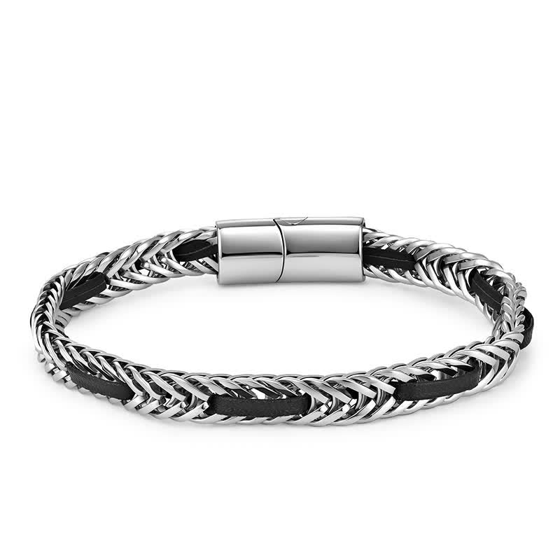 Nimara Ritual Black Leather Braided Titanium Steel Double Layer Durability Bracelet