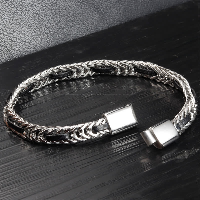 Nimara Ritual Black Leather Braided Titanium Steel Double Layer Durability Bracelet