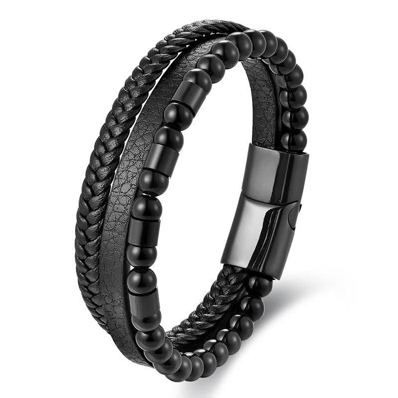 Nimara Ritual Black Leather Strength Braided Double Layer Bracelet