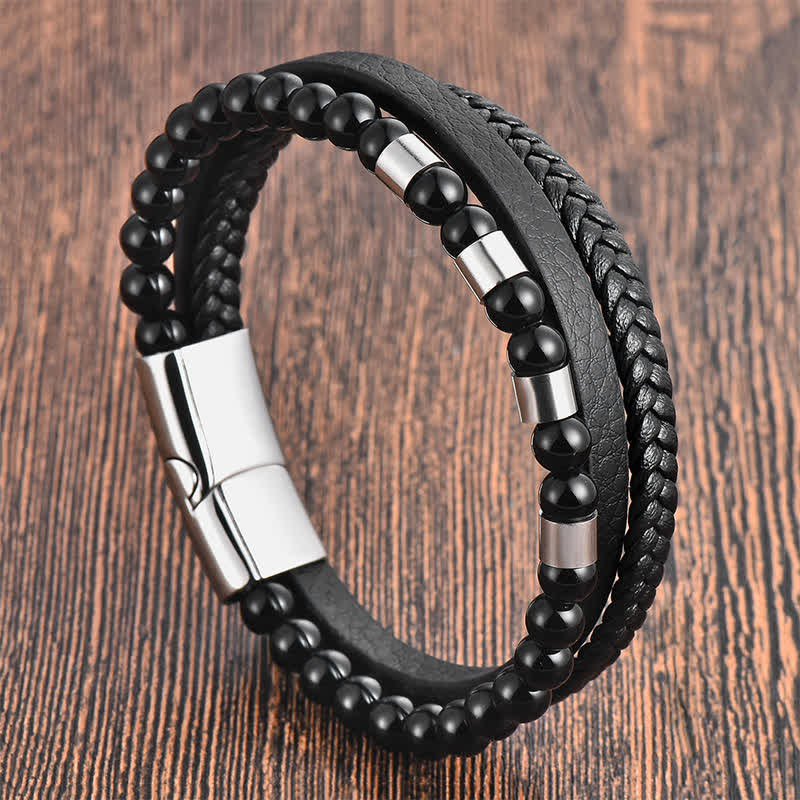 Nimara Ritual Black Leather Strength Braided Double Layer Bracelet