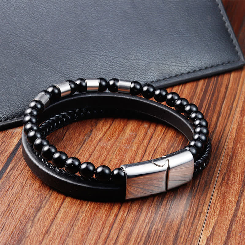 Nimara Ritual Black Leather Strength Braided Double Layer Bracelet
