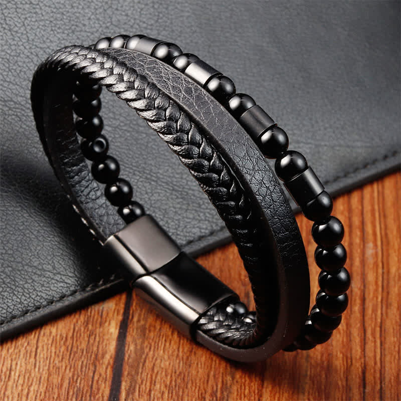 Nimara Ritual Black Leather Strength Braided Double Layer Bracelet