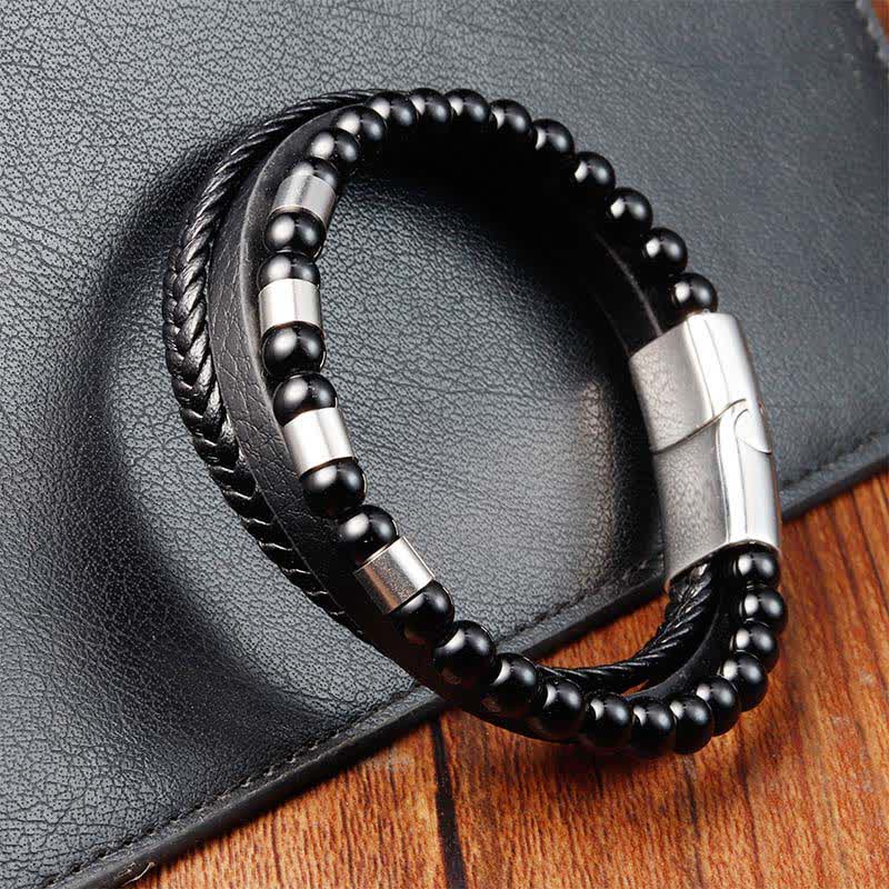 Nimara Ritual Black Leather Strength Braided Double Layer Bracelet