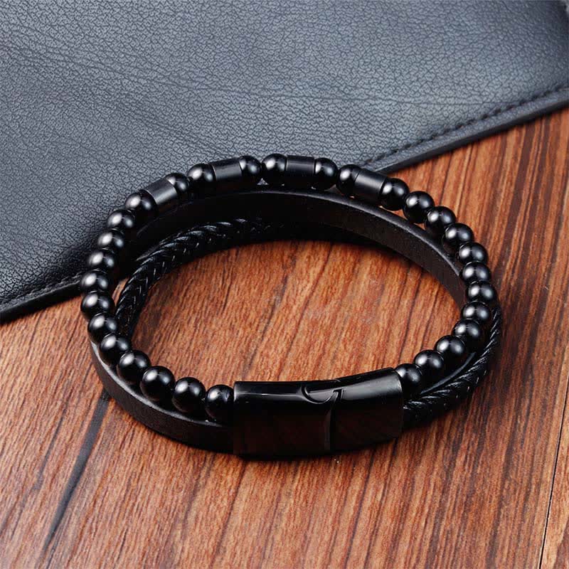 Nimara Ritual Black Leather Strength Braided Double Layer Bracelet