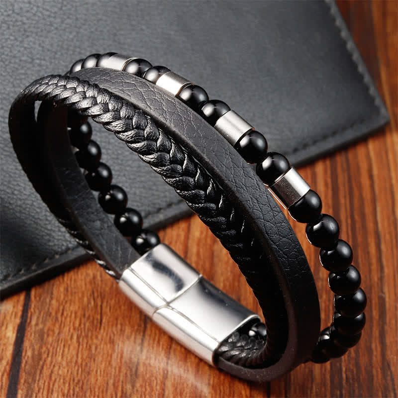 Nimara Ritual Black Leather Strength Braided Double Layer Bracelet