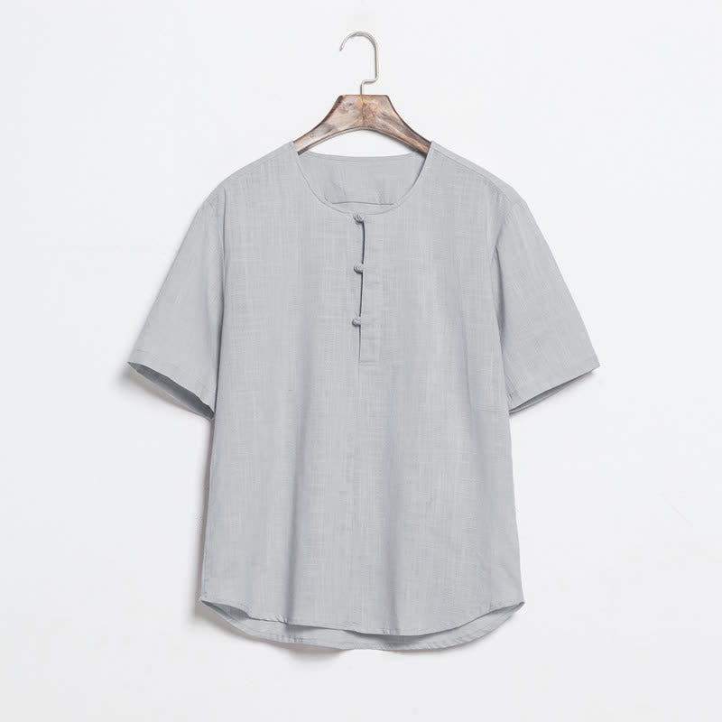 Nimara Ritual Summer Casual Tang Style Frog Button Solid Men's Short Sleeve Shirts