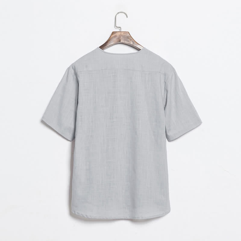 Nimara Ritual Summer Casual Tang Style Frog Button Solid Men's Short Sleeve Shirts