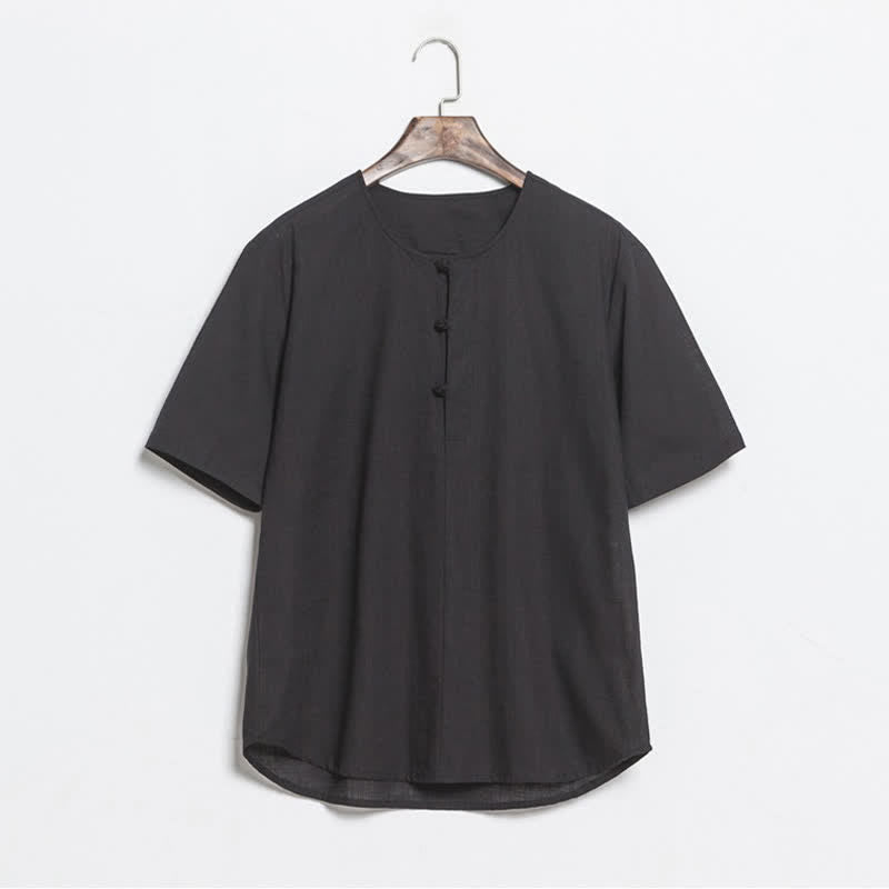 Nimara Ritual Summer Casual Tang Style Frog Button Solid Men's Short Sleeve Shirts
