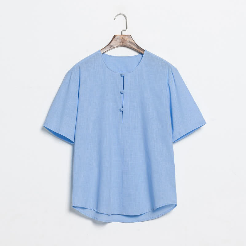 Nimara Ritual Summer Casual Tang Style Frog Button Solid Men's Short Sleeve Shirts