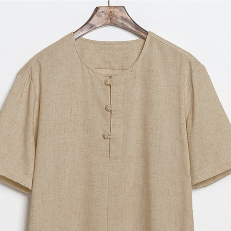 Nimara Ritual Summer Casual Tang Style Frog Button Solid Men's Short Sleeve Shirts