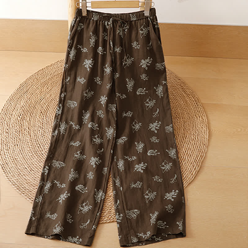 Nimara Ritual Summer Casual Vintage Drawstring Floral Ankle Pants Women's Wide Leg Pants With Pocket