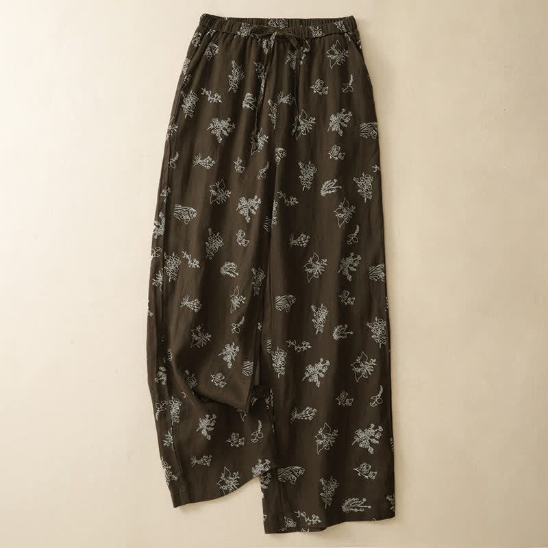 Nimara Ritual Summer Casual Vintage Drawstring Floral Ankle Pants Women's Wide Leg Pants With Pocket