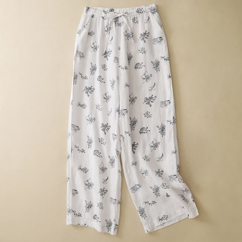 Nimara Ritual Summer Casual Vintage Drawstring Floral Ankle Pants Women's Wide Leg Pants With Pocket