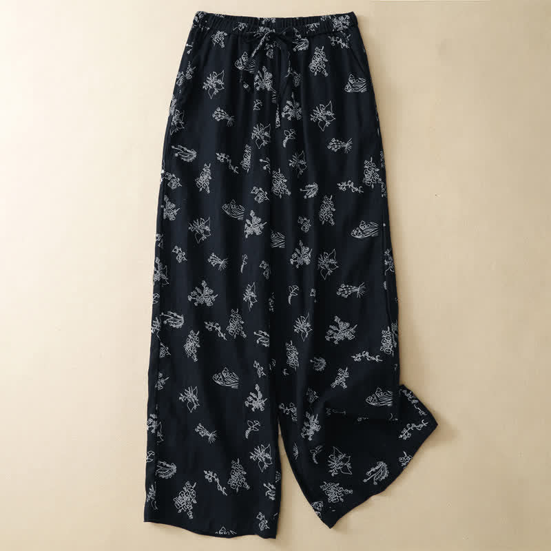 Nimara Ritual Summer Casual Vintage Drawstring Floral Ankle Pants Women's Wide Leg Pants With Pocket