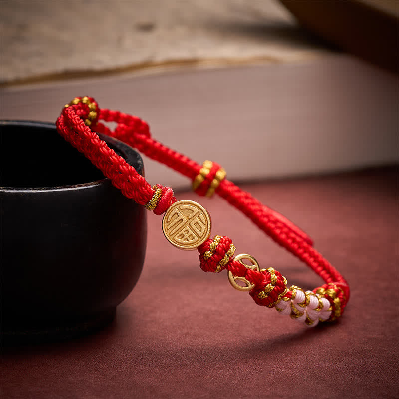 Nimara Ritual Fu Character Copper Coins Red String Blessing Bracelet