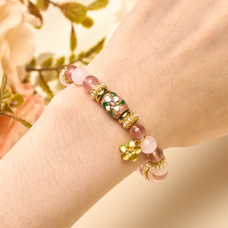 Nimara Ritual Natural Strawberry Quartz Rose Quartz Enamel Flowers Pendant Love Round Polished Bead Bracelet