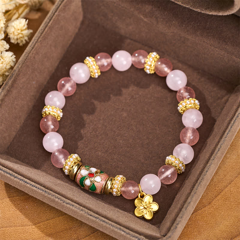 Nimara Ritual Natural Strawberry Quartz Rose Quartz Enamel Flowers Pendant Love Round Polished Bead Bracelet