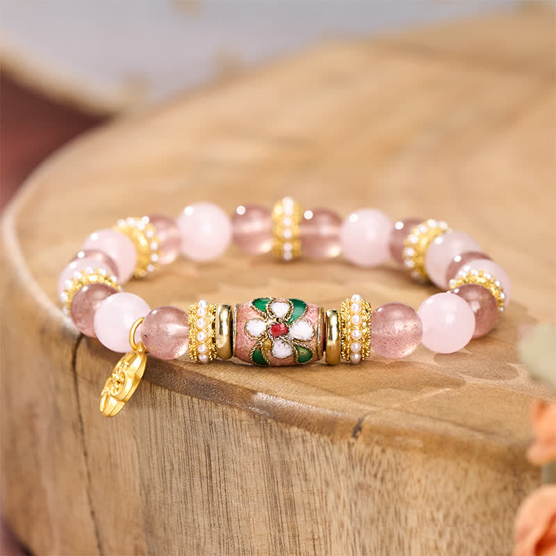 Nimara Ritual Natural Strawberry Quartz Rose Quartz Enamel Flowers Pendant Love Round Polished Bead Bracelet