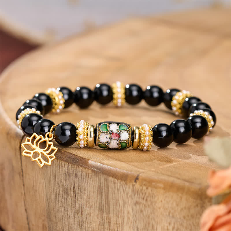 Nimara Ritual Black Obsidian CloisonnA Enamel Flowers Lotus Pendant Protection Round Bead Bracelet