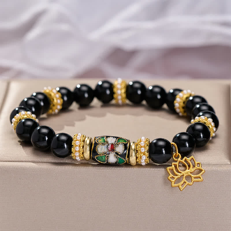 Nimara Ritual Black Obsidian CloisonnA Enamel Flowers Lotus Pendant Protection Round Bead Bracelet
